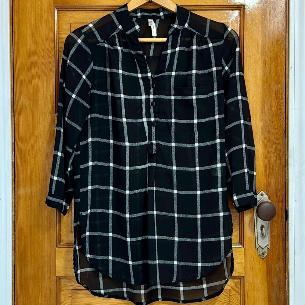 Live 4 Truth Black White Plaid Semi Sheer Blouse Women’s US Small